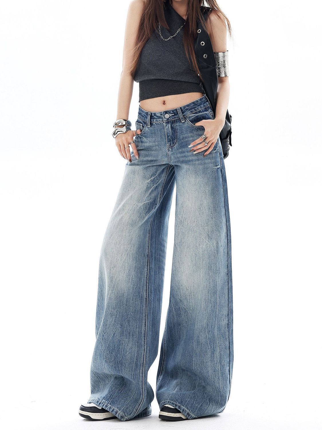 Womens Washed Flared Denim Pants
